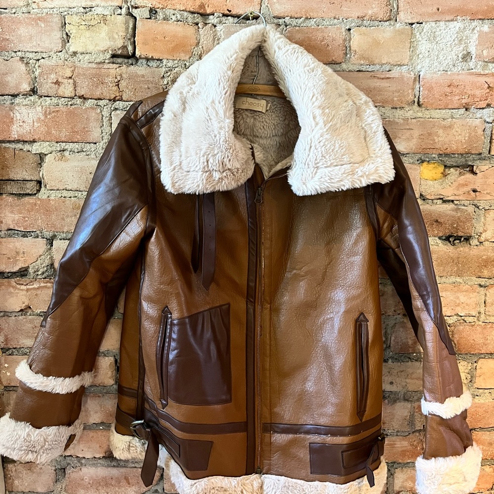 CHOOSY vegan leather faux shearling lined aviator bomber jacket